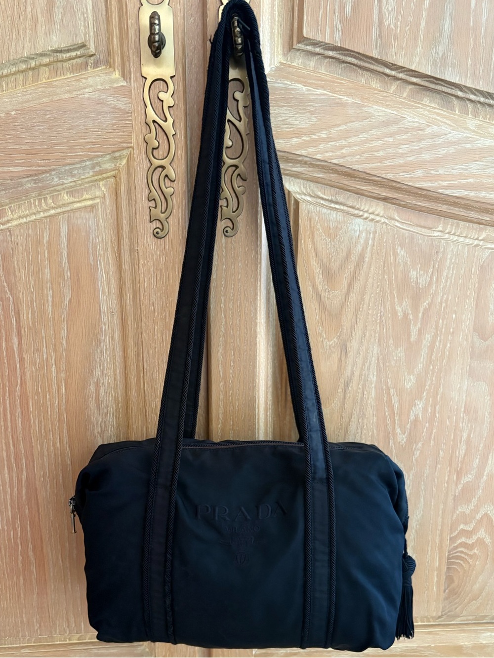 Prada Dark Blue Nylon Shoulder Logo Tote with Long Straps